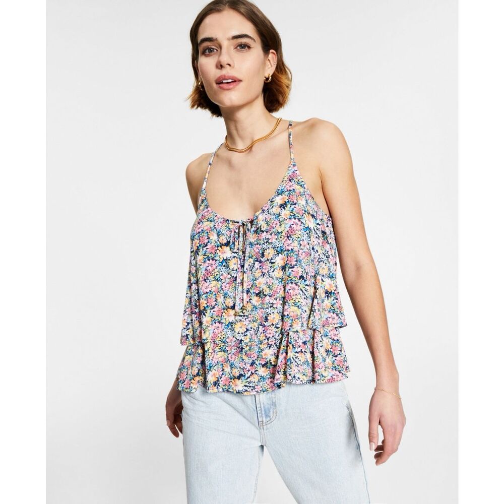 Kingston Grey Juniors'‎ Ruffled Tank Top - Navy/multi Floral Size M